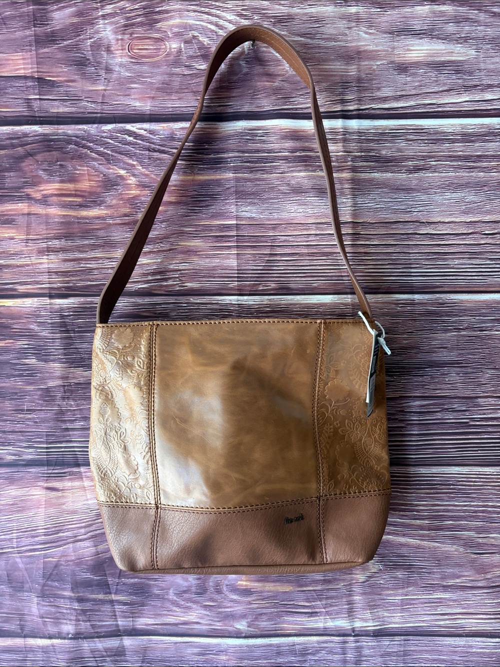 The Sak Tan Leather Shoulder Bag with Embossed Side Panels